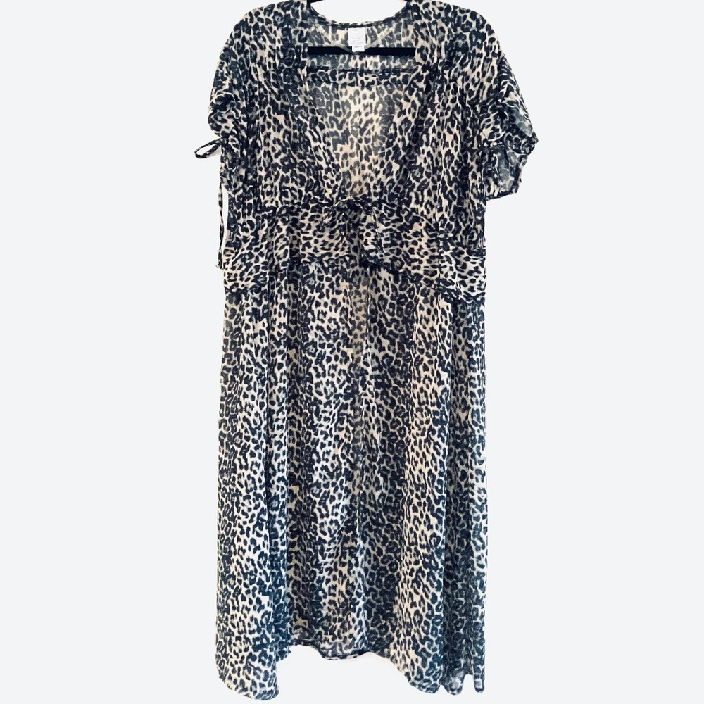LEOPARD Semi-Sheer Print Kimono Cover Up Duster Short Sleeve Sz S/M